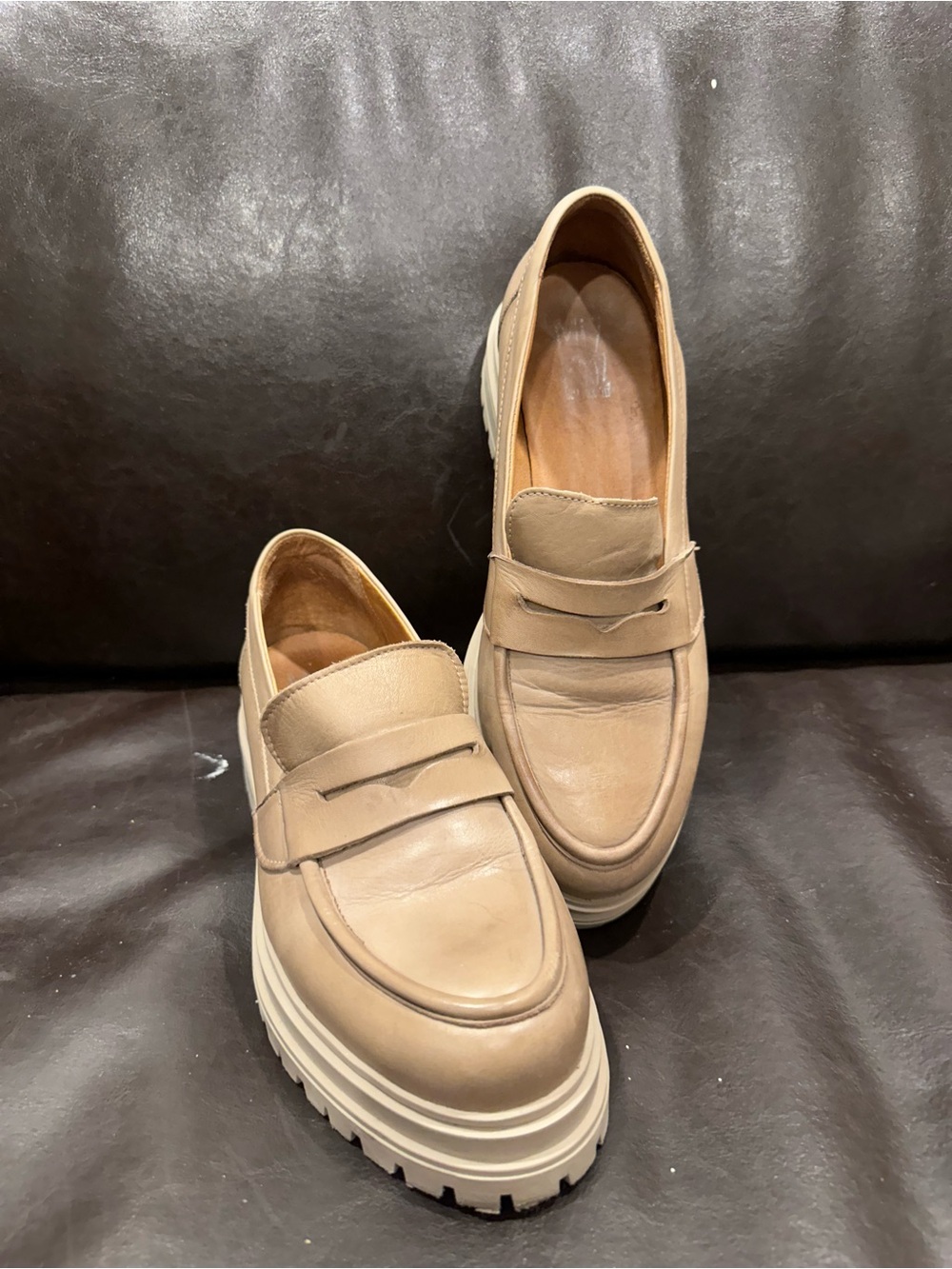 Miz Mooz Legend Chunky Penny Loafer -Chunky Taupe Leather Platform Loafers EU 41